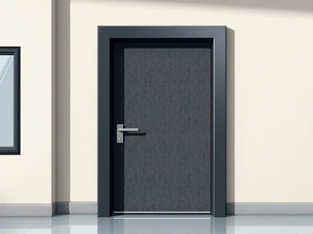 A detailed image of a sturdy impact-resistant door, emphasizing its multi-point locking system and reinforced frame, suitable for a commercial building.