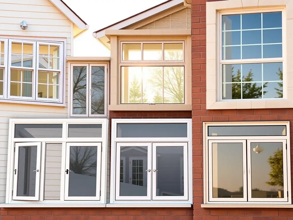 An image displaying a variety of impact window styles, including casement, double-hung, and sliding windows, installed in different architectural settings.