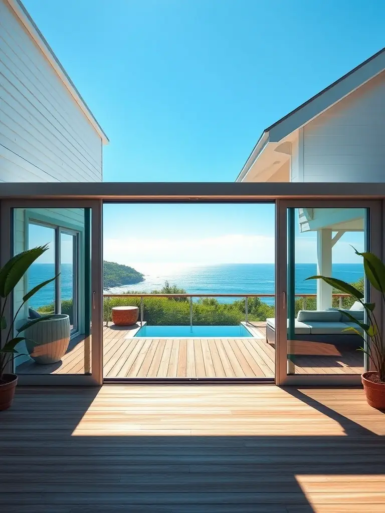 A stylish coastal home with elegant impact-resistant sliding glass doors, seamlessly blending indoor and outdoor living spaces.