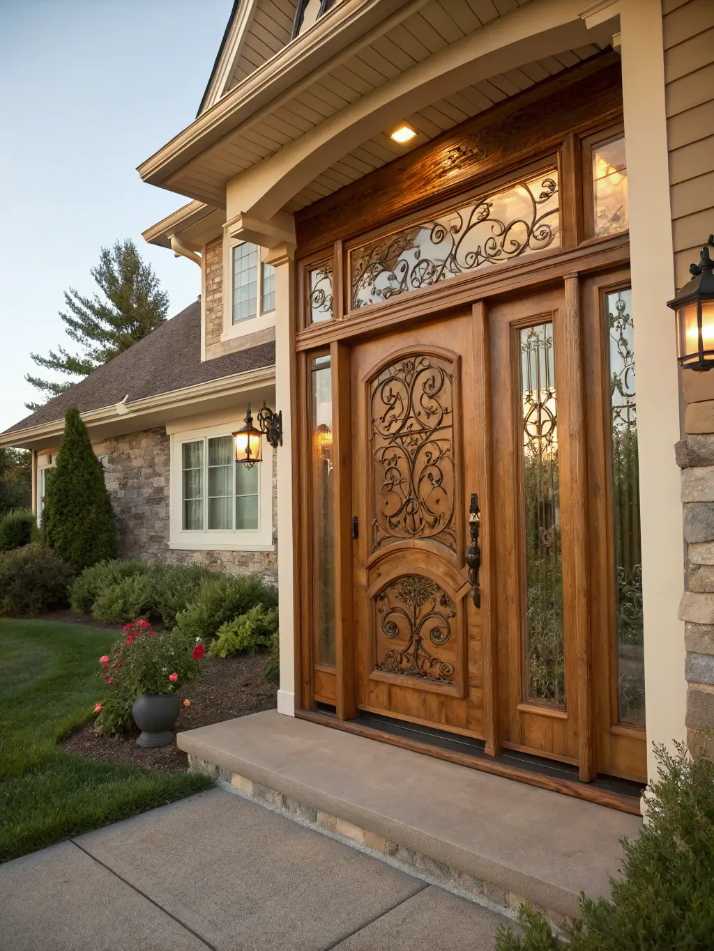An elegant, modern impact-resistant front door installed in a luxury home, highlighting its aesthetic appeal and security features.