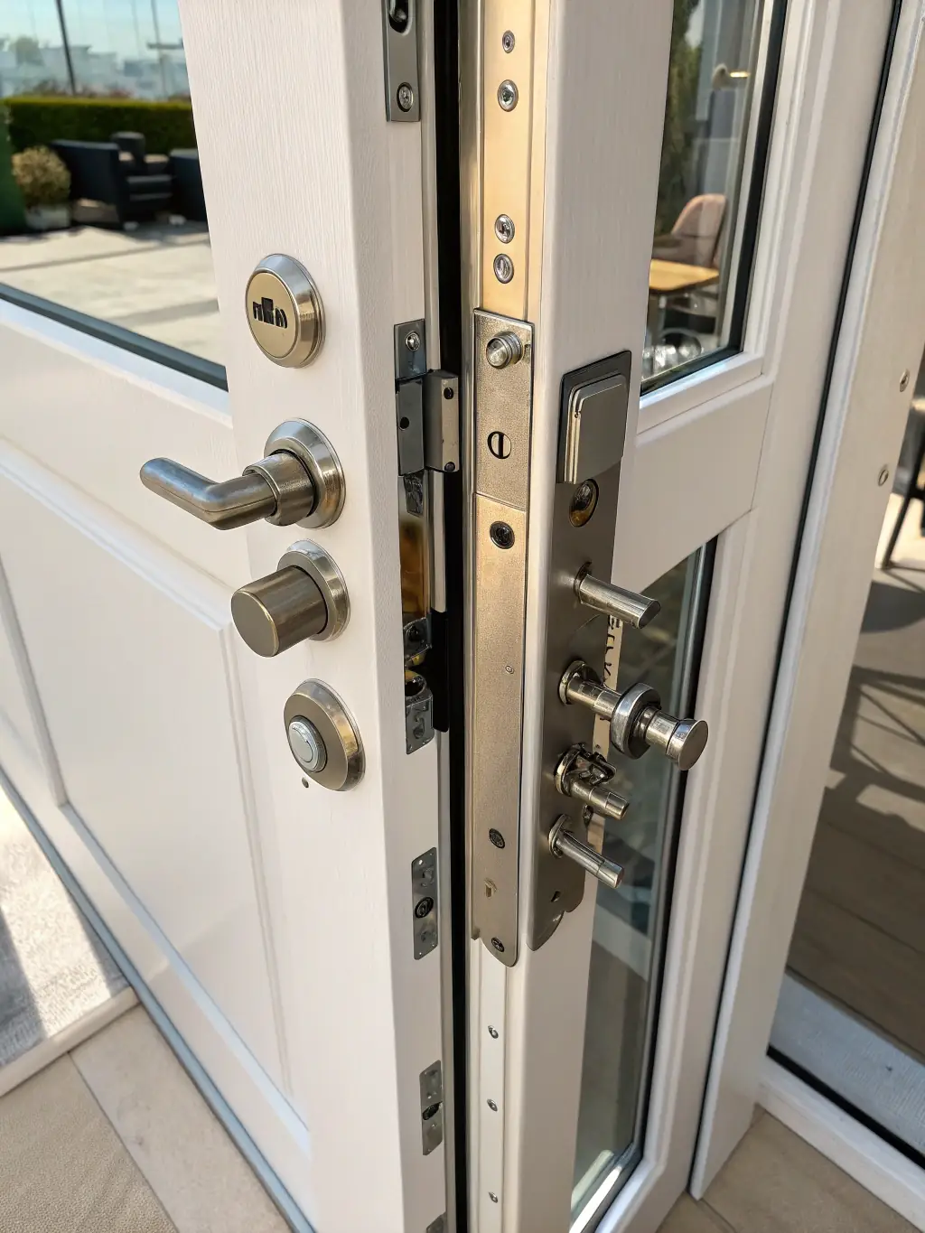 A close-up of a durable impact-resistant door with reinforced glass, highlighting its ability to withstand severe weather conditions.