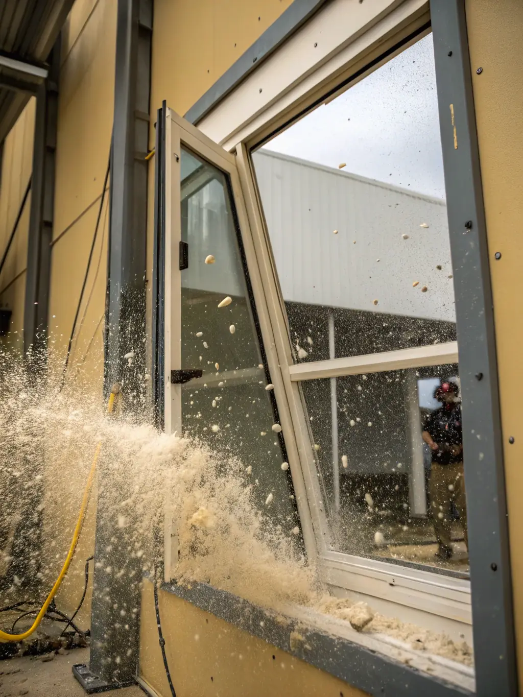 A detailed, close-up shot of an impact-resistant window being tested against simulated hurricane-force winds and debris, demonstrating its strength and durability.