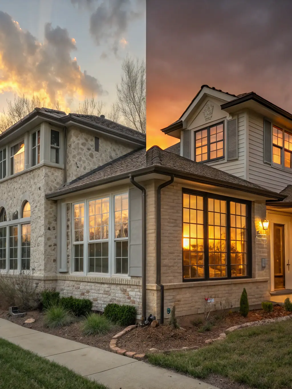 A before-and-after photo showing a home with old windows being replaced with new, stylish impact-resistant windows, dramatically improving the home's curb appeal.