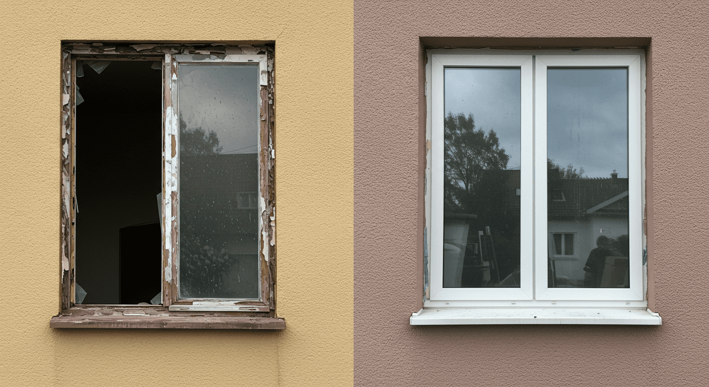 A split image showing a before-and-after scenario of a rotted window being repaired. The left side displays the damaged window, while the right side shows a newly installed, pristine window.