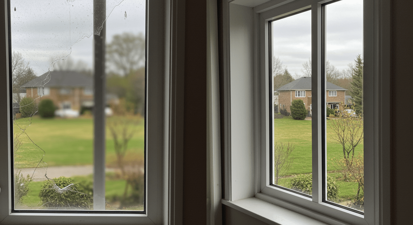 A before-and-after comparison of a faulty window and a newly repaired one, visually demonstrating the transformation.