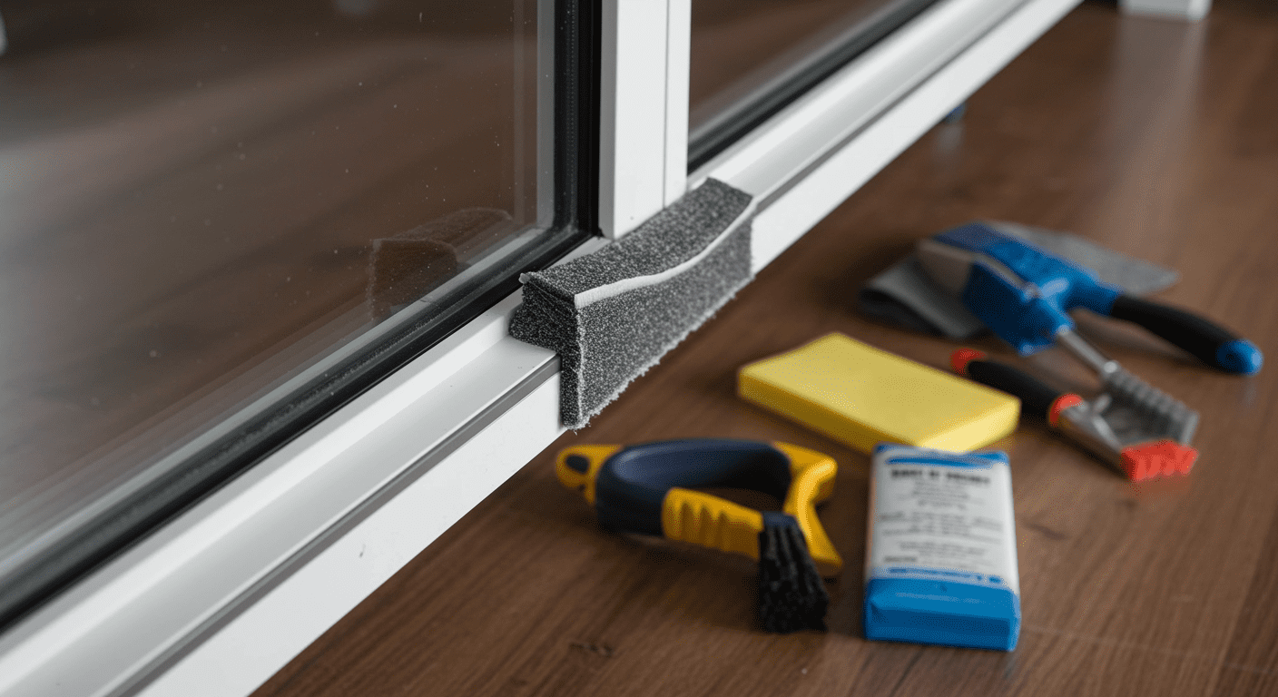 A close-up of a glass door track being cleaned, with tools and cleaning supplies neatly arranged beside it. The focus is on the smooth operation of the door.