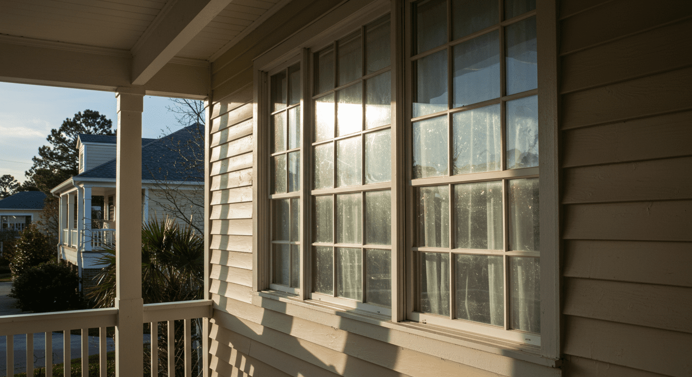 A side view of a beautifully repaired window with sunlight streaming through, highlighting the clarity and quality of the glass. The exterior shows a glimpse of Palm Coast's architecture.