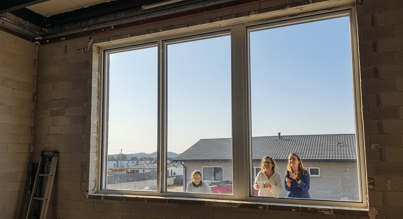 A vibrant image of a completed industrial window installation, showcasing the energy-efficient windows reflecting sunlight, with happy homeowners admiring their new view.