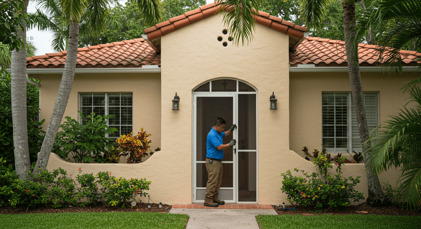 A skilled technician repairing a screen door at a charming Coral Gables home, showcasing the local architecture and greenery.