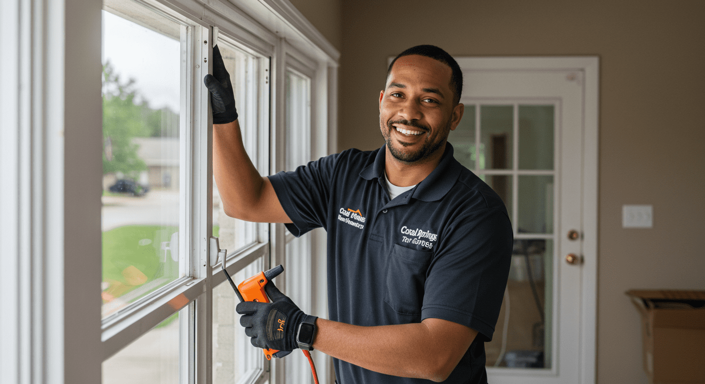 A friendly technician in a Coral Springs uniform repairing a large glass window at a residential home.