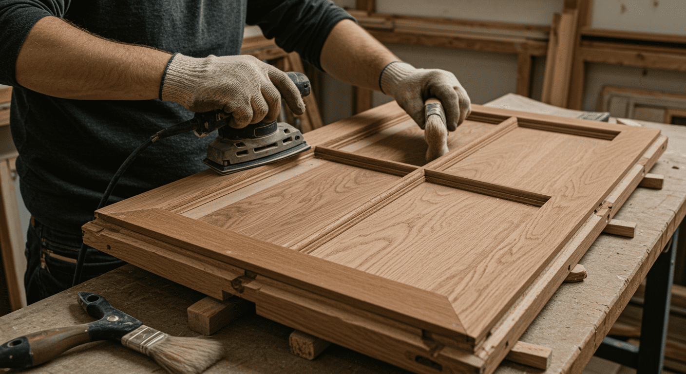 A skilled craftsman carefully restoring a classic wood window, showcasing tools like sanders and paintbrushes. The focus is on the intricate details of the wood grain.