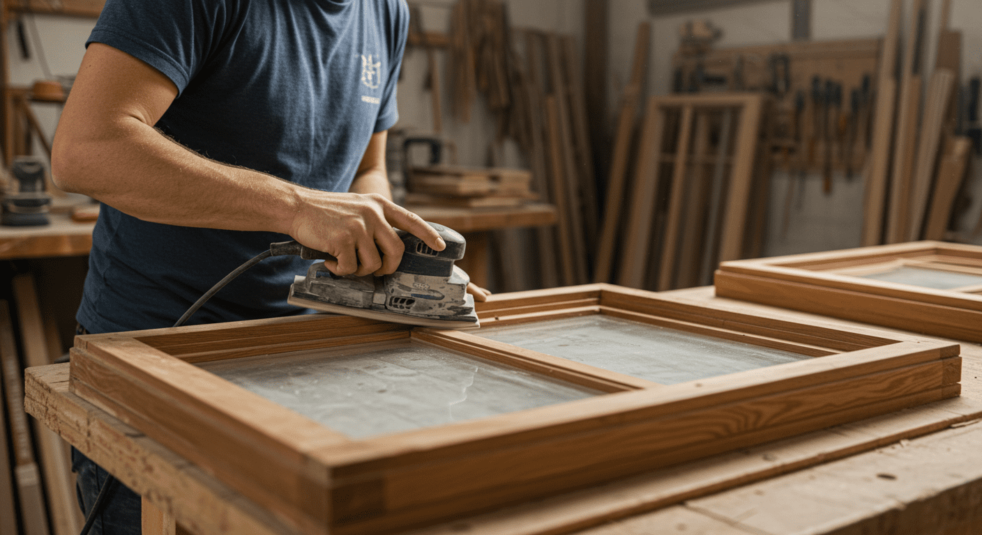 A close-up shot of a skilled craftsman meticulously sanding a wooden window frame, showcasing the restoration process. The background features a well-lit workshop filled with restoration tools and wood materials.