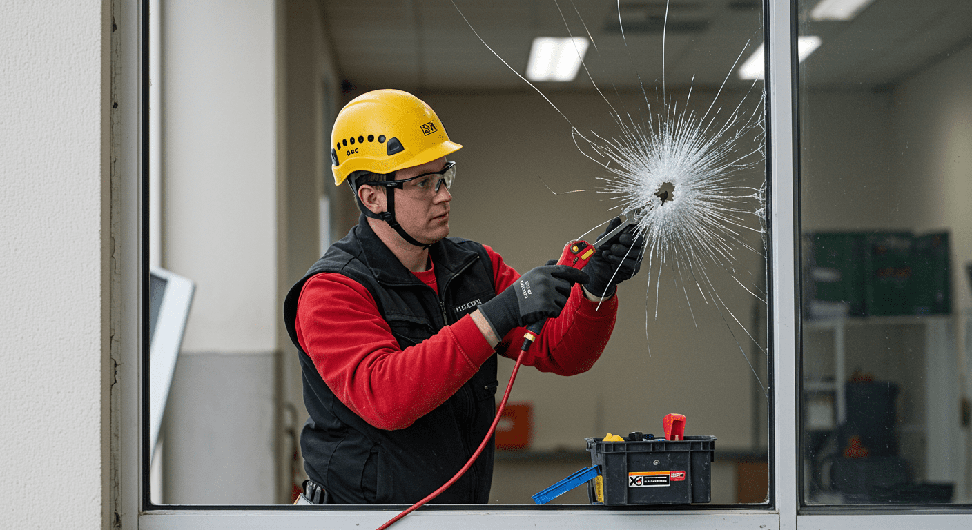 A technician in action, repairing a broken glass window at a commercial location. The image captures urgency and professionalism, with tools and safety gear visible.