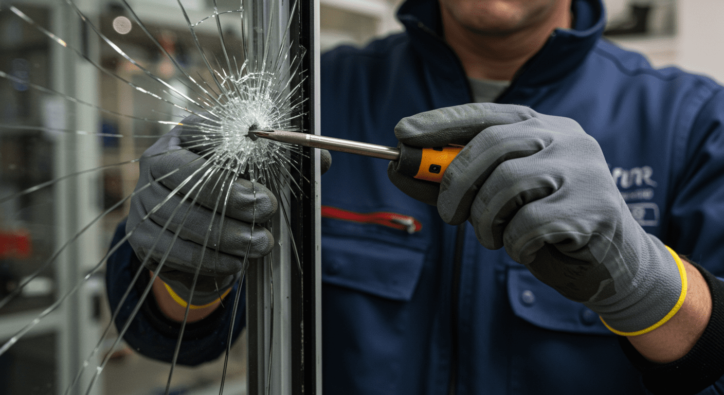 A close-up of a technician expertly replacing a broken glass door, showcasing the precision and care involved in the repair process.