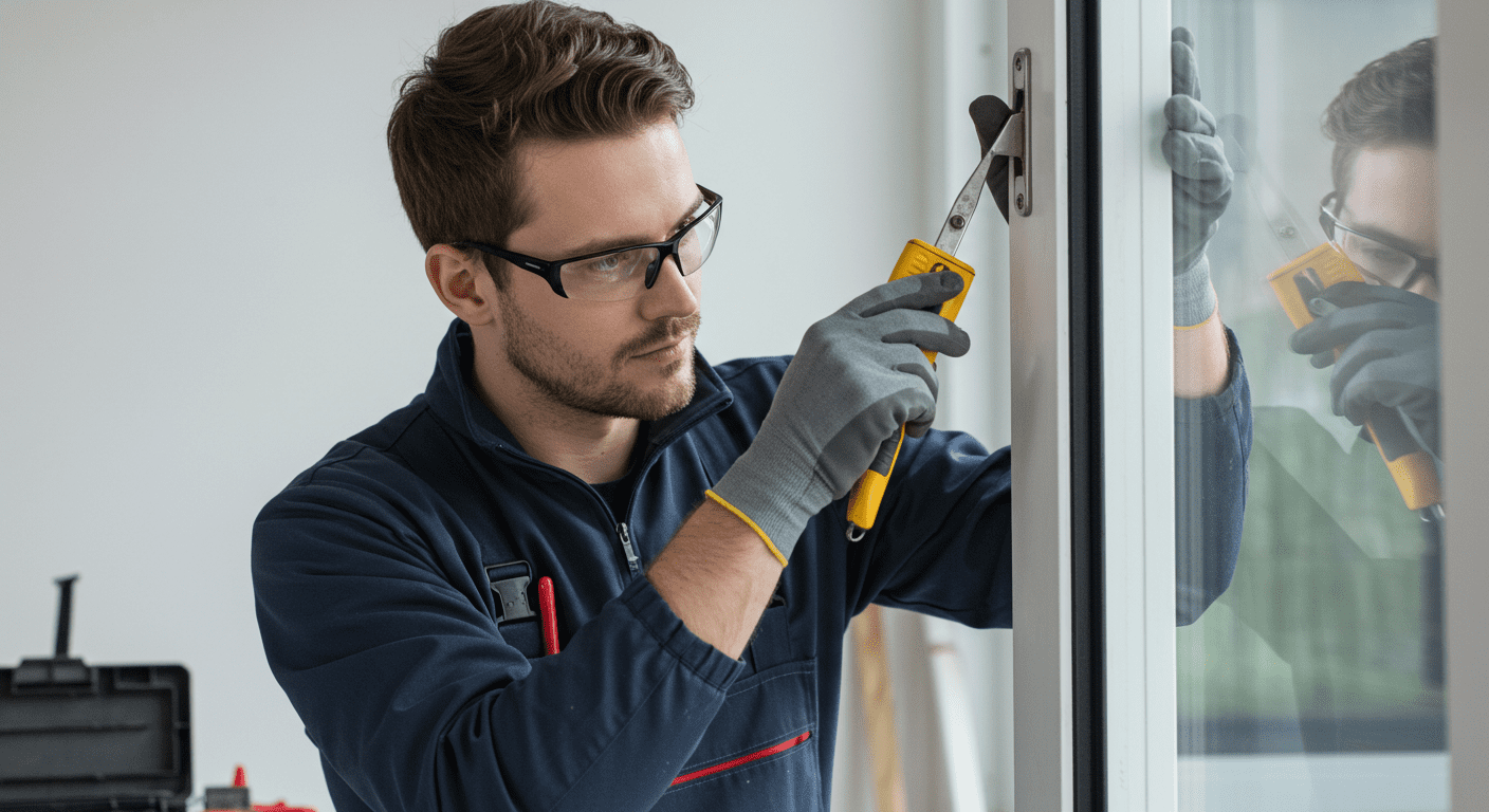 A skilled technician repairing a window, showcasing the tools and materials used in the process. The technician is focused and professional, emphasizing expertise.