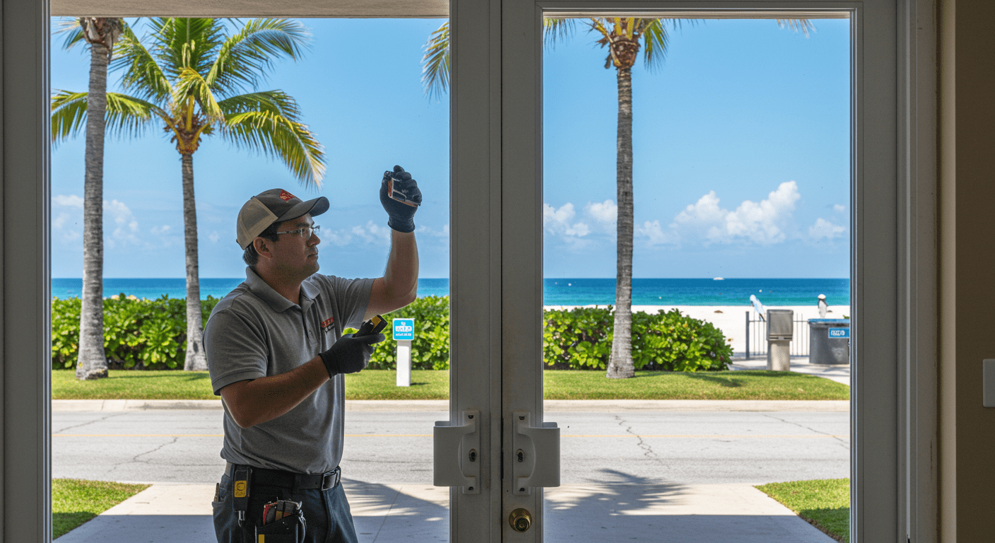 A technician repairing a glass door at a residential property in Hallandale Beach, showcasing the local environment with palm trees and beach elements in the background.