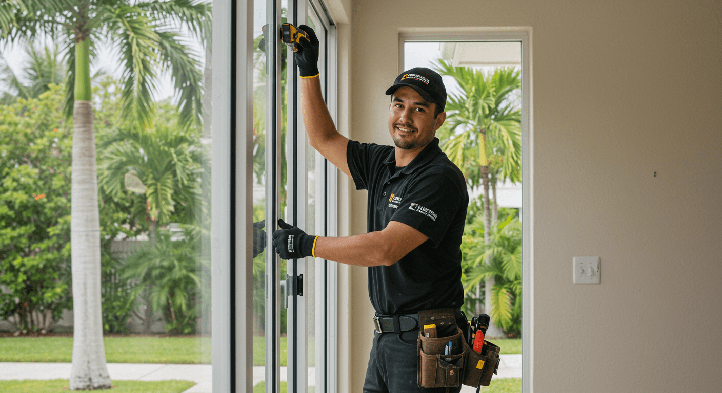 A friendly technician in a branded uniform is seen installing a large glass window in a residential home. The setting is a sunny Miami neighborhood with palm trees in the background, showcasing the local environment.