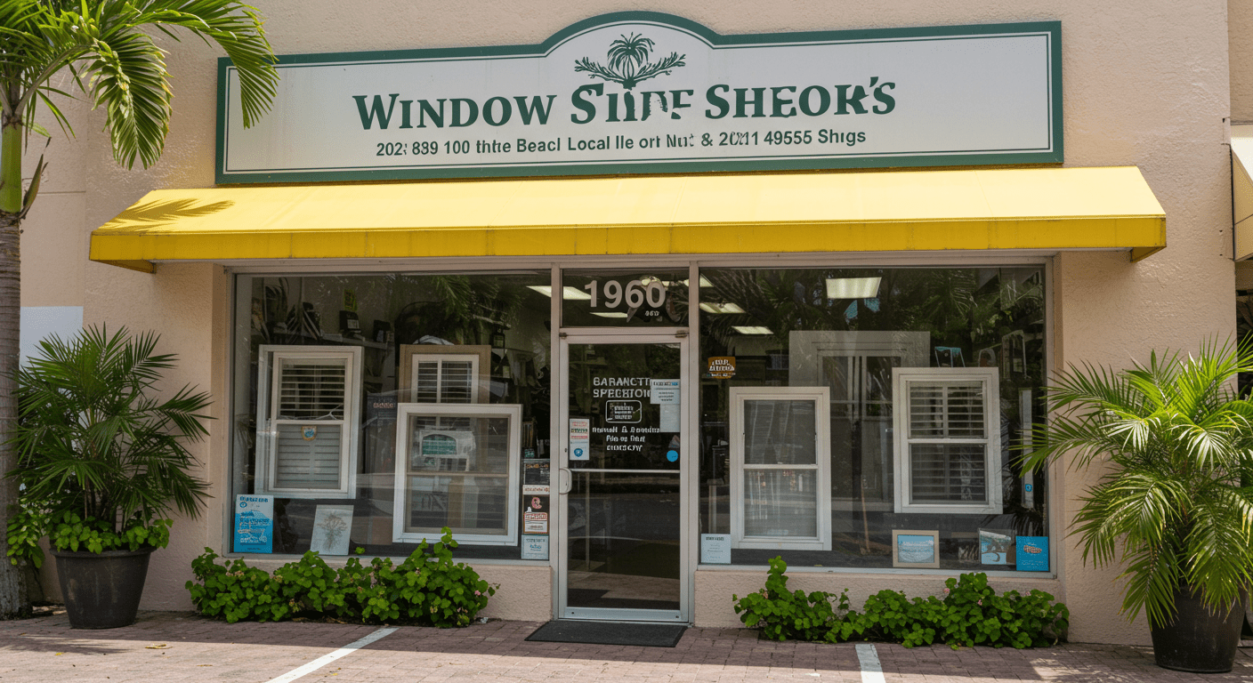 A vibrant storefront of a local window shop in Boynton Beach, showcasing a variety of window styles displayed prominently in the window. The shop has a welcoming entrance with tropical plants and a sunny Florida sky in the background.