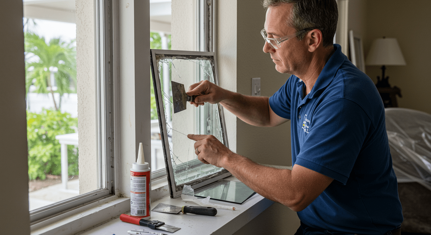 A skilled technician repairing a residential window in a Miami Gardens home, showcasing the tools and materials used in the process.