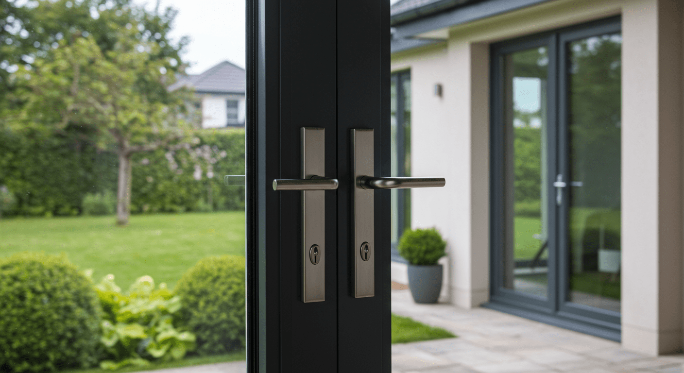 A close-up shot of a beautifully installed glass door with sleek hardware, showcasing the clarity and quality of the glass. The background features a contemporary home setting with lush landscaping.