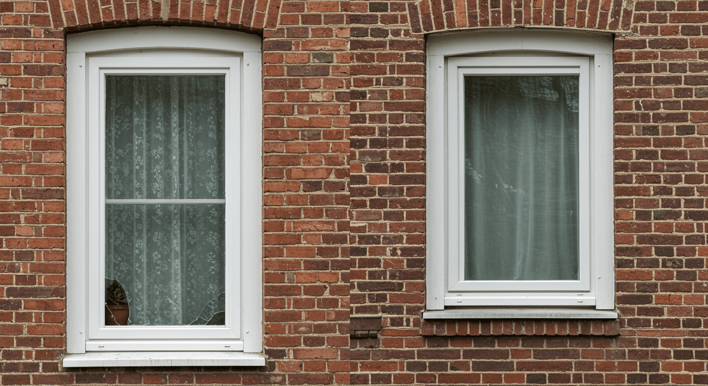 A side-by-side comparison of a damaged old window and a new small glass window, showcasing the transformation. The image highlights the quality of the replacement service.