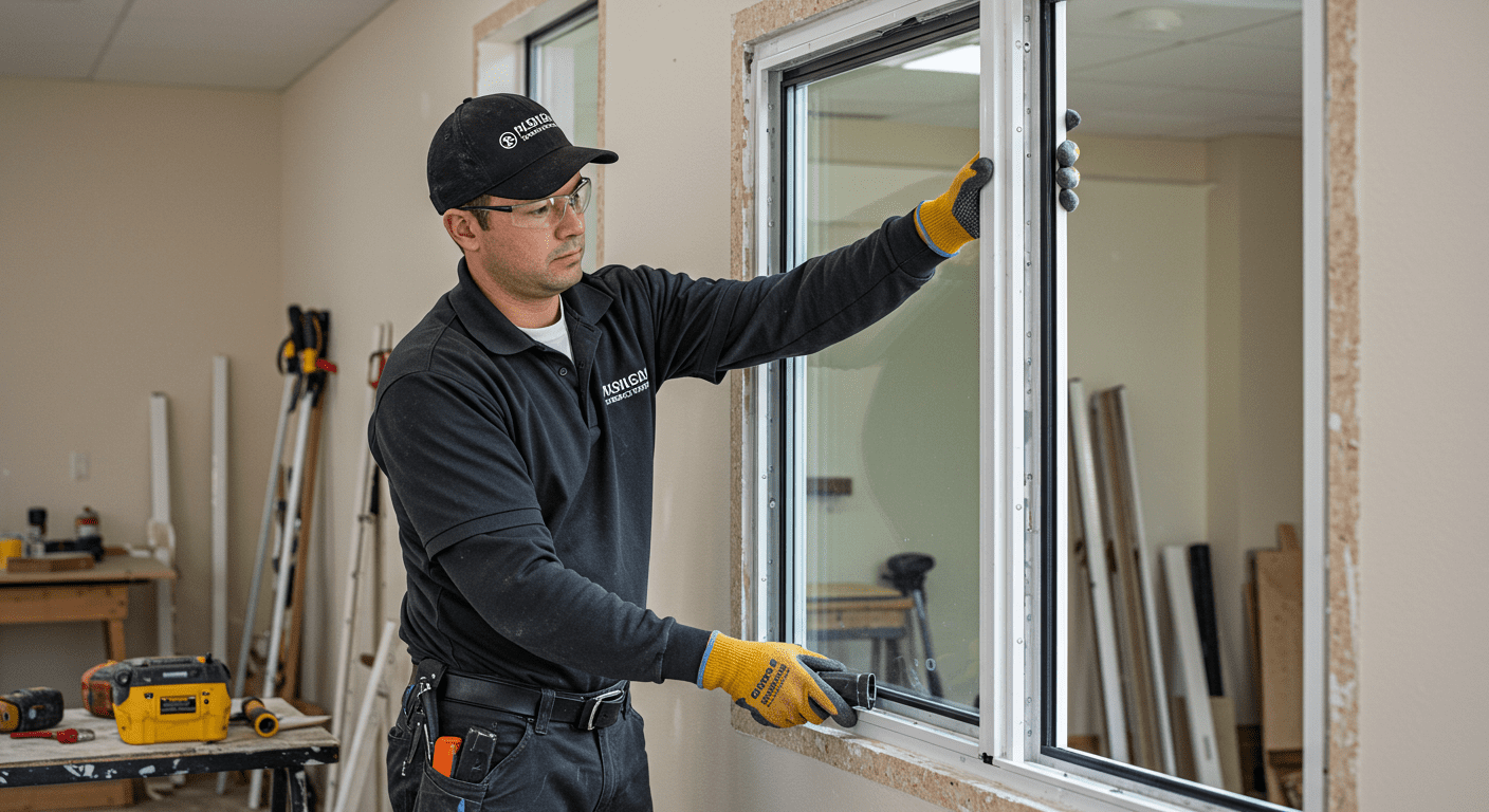 A professional installer carefully fitting an impact window into a home. The focus is on the craftsmanship and attention to detail, with tools and materials visible in the background, emphasizing quality installation.