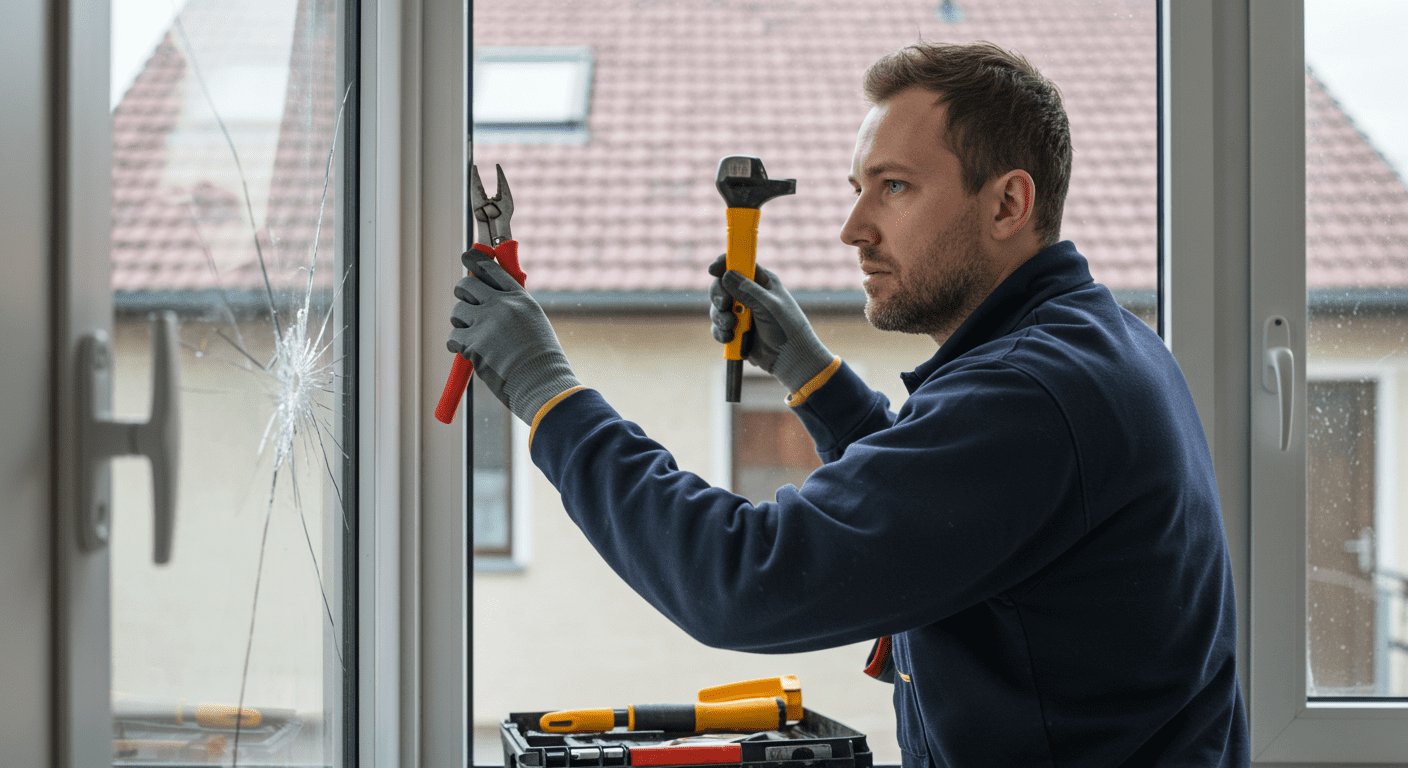 A skilled technician repairing a broken window in a residential setting, showcasing tools and materials used in the process. The technician is focused and wearing safety gear.