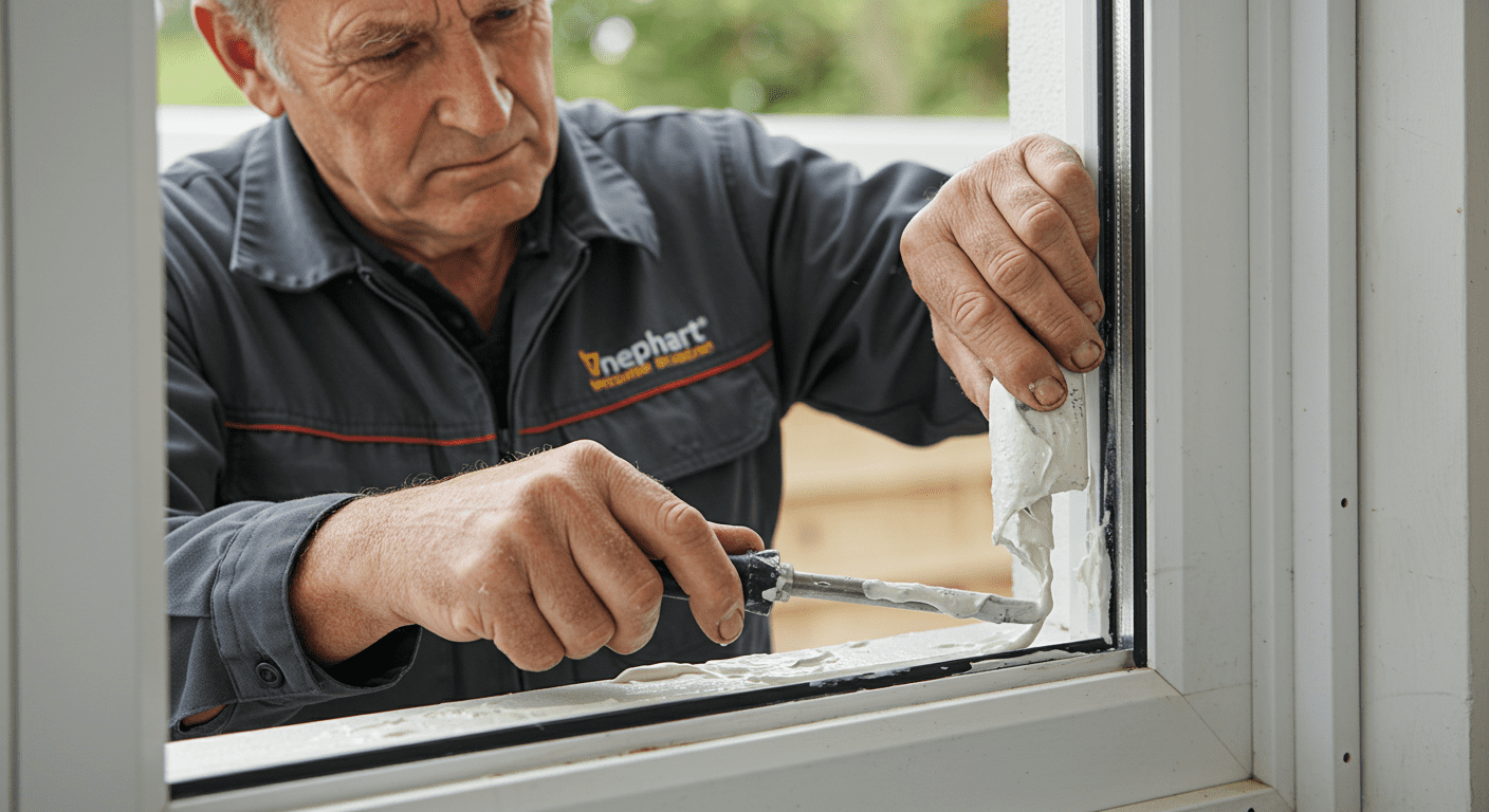 A skilled technician applying a sealing material to a window frame, showcasing the meticulous process of window sealing.