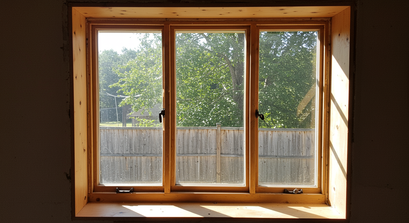 A beautifully restored wooden window frame installed in a home, with sunlight streaming through, highlighting the craftsmanship and quality of the repair.