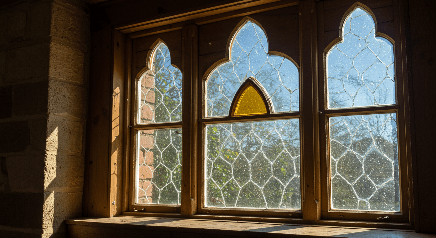 A close-up of a beautifully restored historic window, showcasing intricate woodwork and vibrant glass panes. The sunlight filters through the glass, highlighting the craftsmanship.