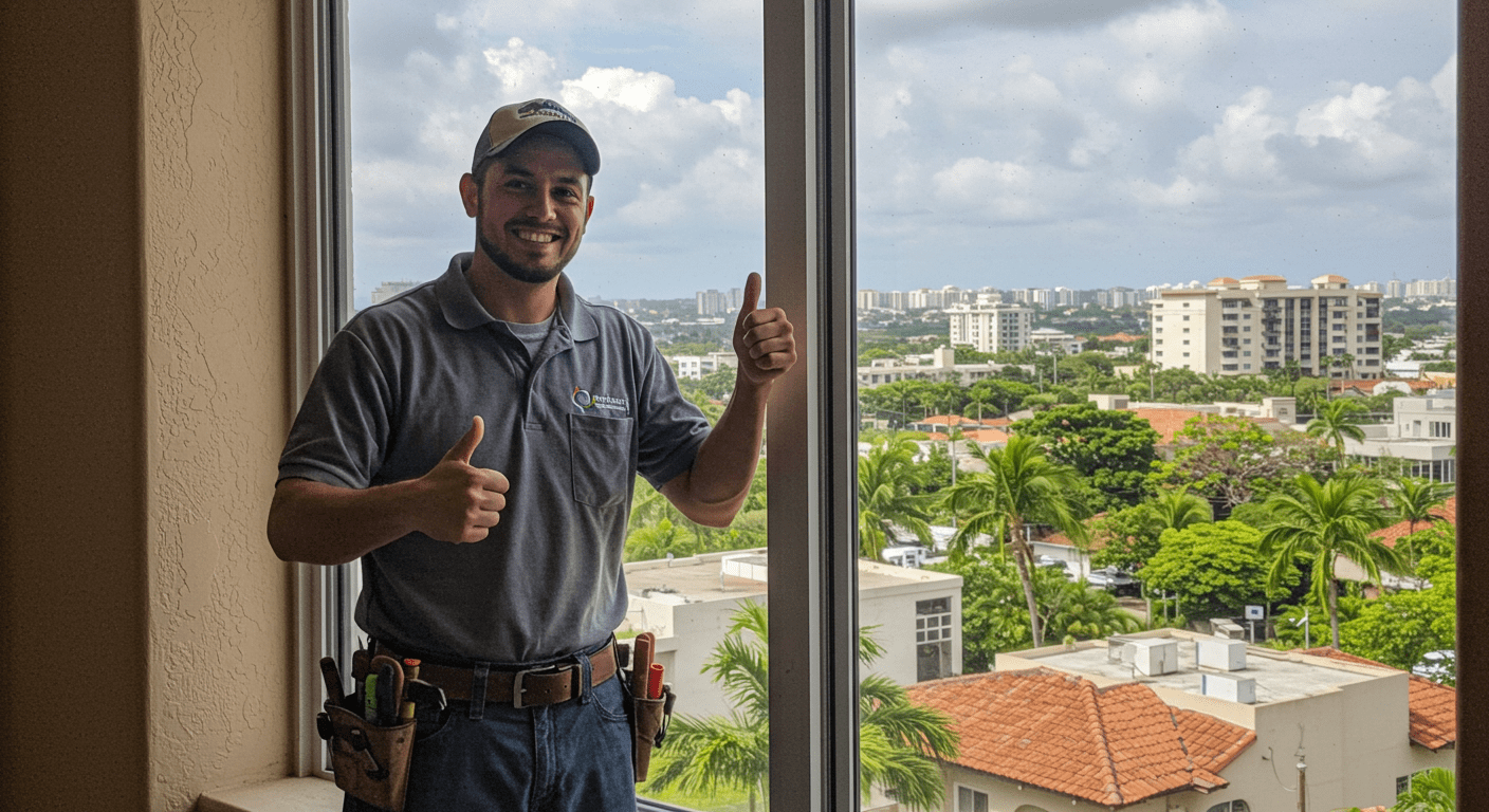 A technician standing proudly next to a newly repaired window, with a satisfied homeowner giving a thumbs-up. The Coral Gables neighborhood is visible in the background.