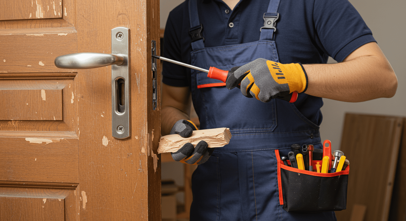 A skilled technician repairing a wooden door, showcasing tools like a screwdriver and wood glue. The background features a partially open door with visible wear and tear.