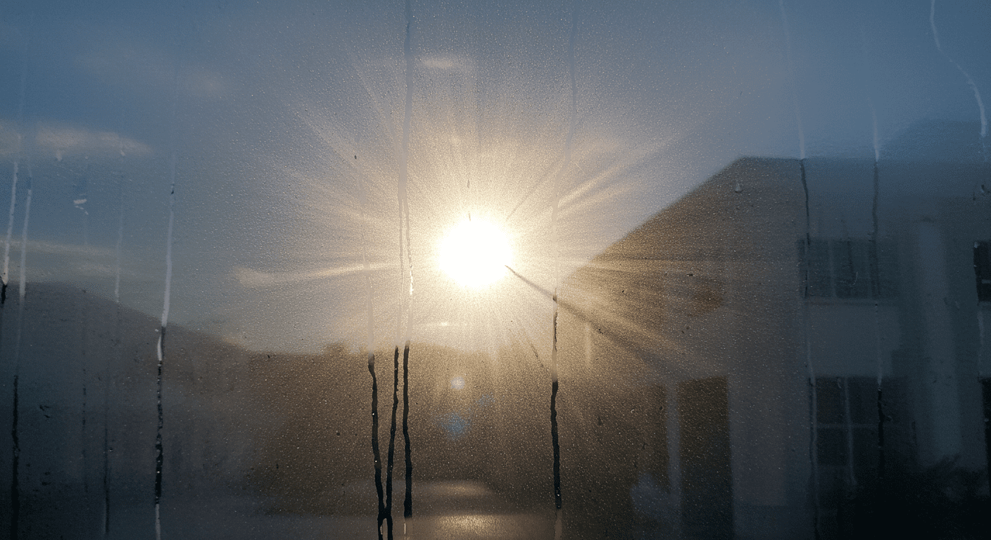 A foggy glass window with sunlight streaming through, creating a beautiful interplay of light and shadow. The background subtly includes Fort Myers architecture, enhancing the local connection.