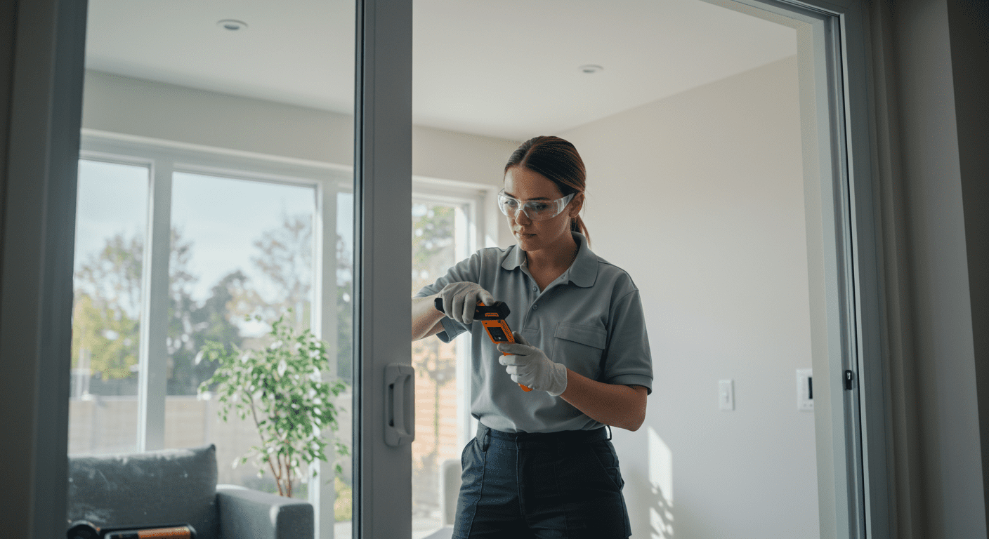 A professional technician inspecting a broken sliding glass door in a well-lit home setting.