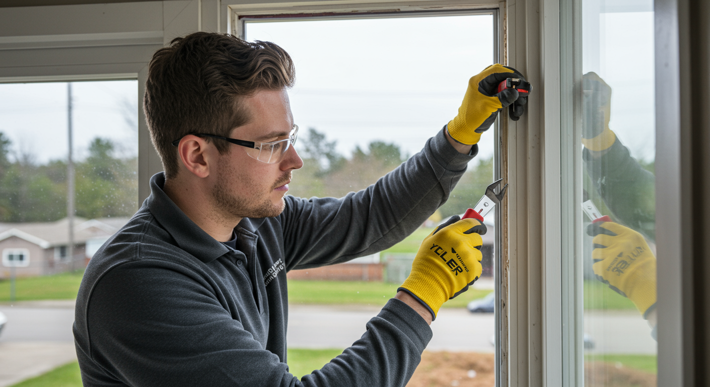 A skilled window repair contractor working on a residential window, showcasing the repair process. The contractor is focused and professional, with tools in hand.