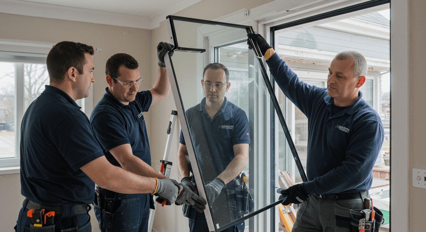 A professional team of technicians installing new window glass in a residential home. The focus is on the technicians carefully handling the glass, showcasing their expertise and teamwork.