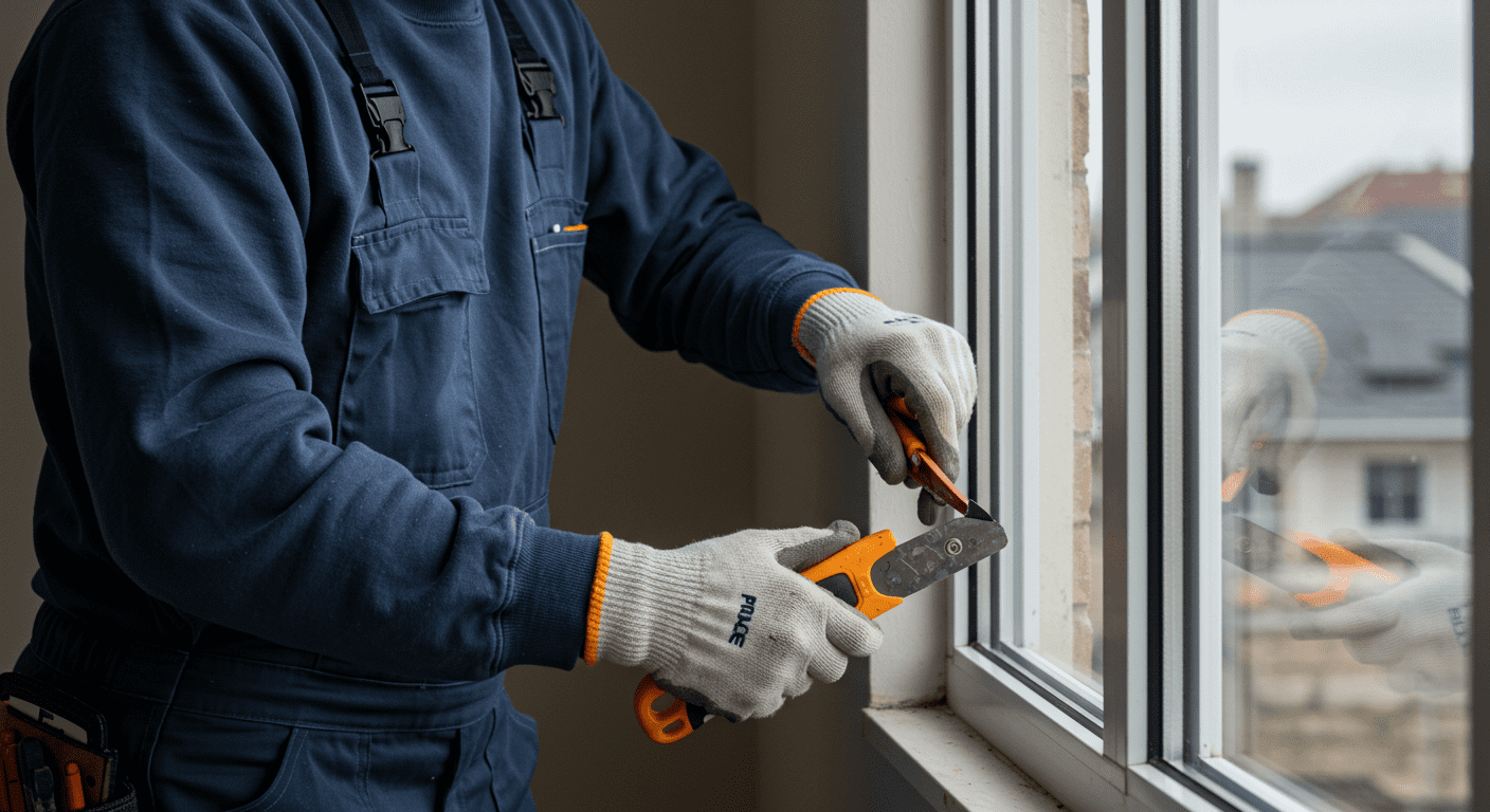 A professional contractor carefully replacing a pane of glass in a residential window. The focus is on the contractor's hands and tools, showcasing the precision of the work.