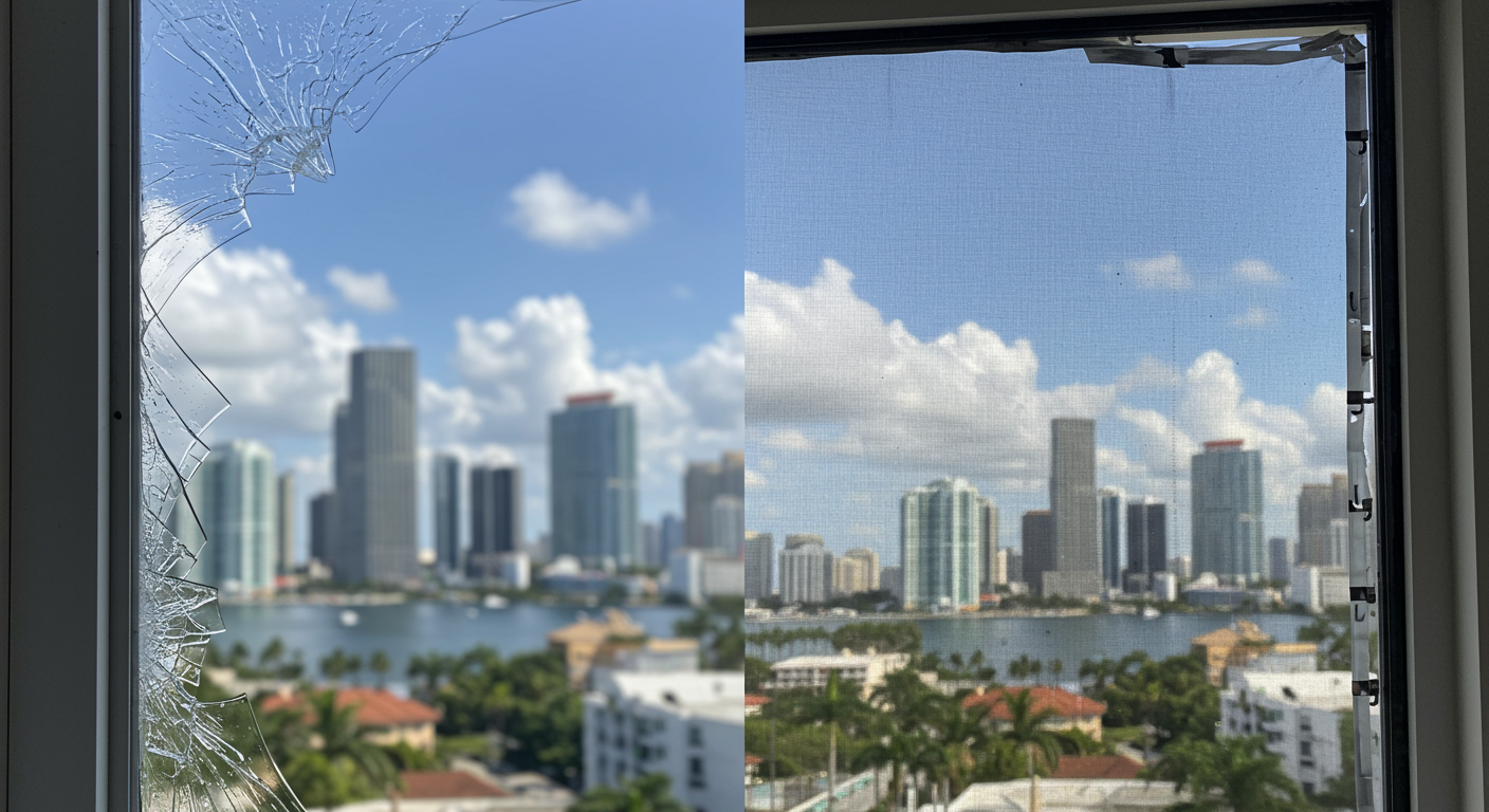 A split image showing a damaged window screen on one side and the same window with a newly repaired screen on the other. The Miami skyline can be faintly seen in the background, adding a local touch.