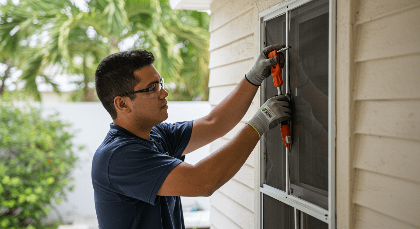 A professional technician repairing a window screen in a bright, sunny North Miami Beach backyard. The technician is focused on the task, showcasing their expertise and attention to detail.