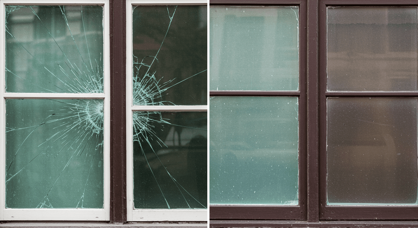 A split image showing a damaged glass window on one side and the same window beautifully repaired on the other. This visual emphasizes the transformation and quality of the repair work.