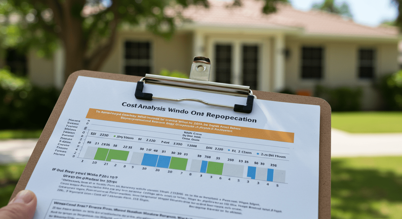 A close-up of a clipboard with a cost analysis chart for window replacement, featuring various price points and factors affecting costs. The background shows a sunny Boynton Beach neighborhood.