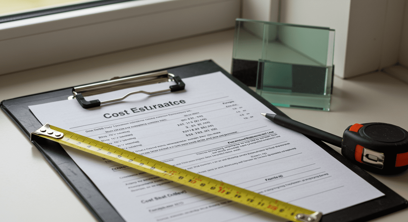 A close-up of a clipboard with a detailed cost estimate for window replacement, alongside a measuring tape and a glass sample.