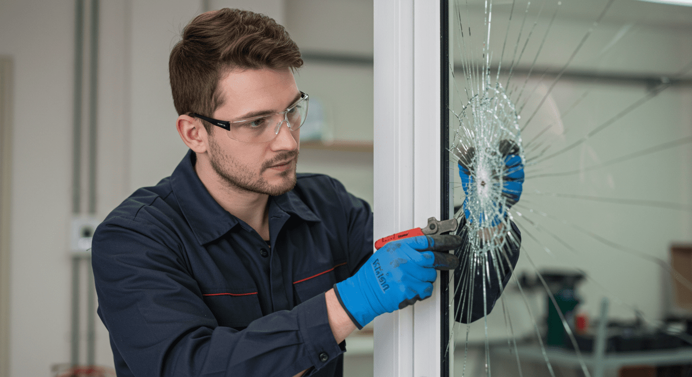 A skilled technician repairing a broken glass door, showcasing the tools and materials used in the process. The technician is focused and professional, with a clear view of the door being fixed.