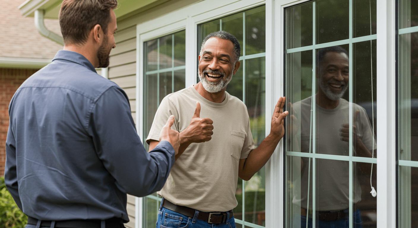 A happy homeowner standing next to a newly repaired window, giving a thumbs-up to the technician.