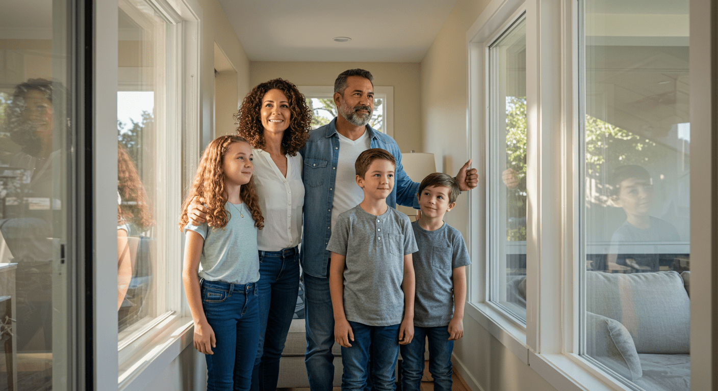 A family joyfully admiring their newly installed glass windows, showcasing satisfaction and pride in their home improvement.