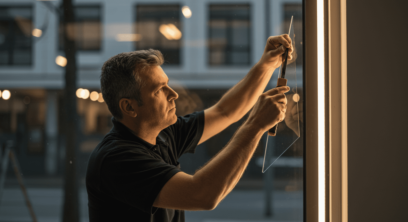A skilled technician carefully repairing a large storefront window with professional tools, showcasing attention to detail and expertise.