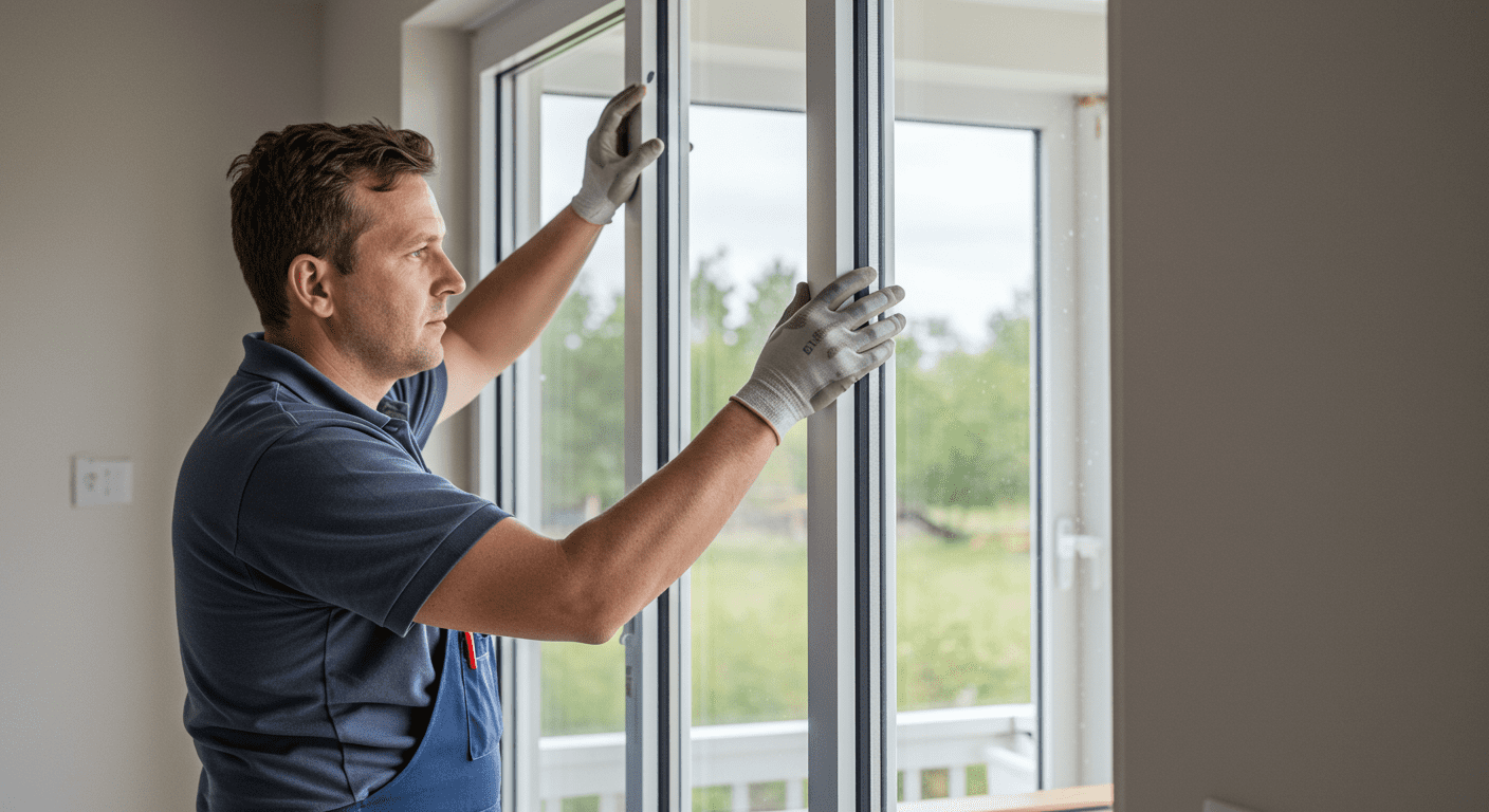 A skilled technician is installing a modern window in a bright, airy room. The focus is on the technician's careful attention to detail, showcasing the installation process.