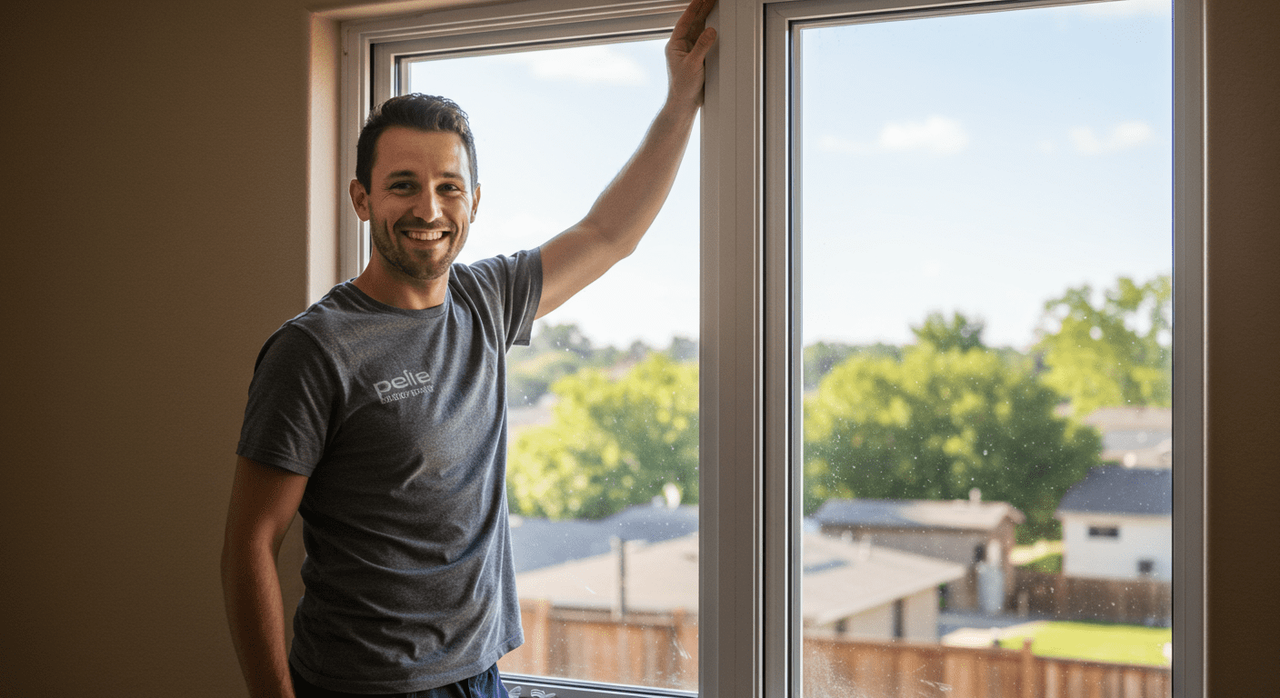 A happy homeowner standing next to a newly repaired window, expressing satisfaction. The sunlight shines through the glass, highlighting its clarity and quality.