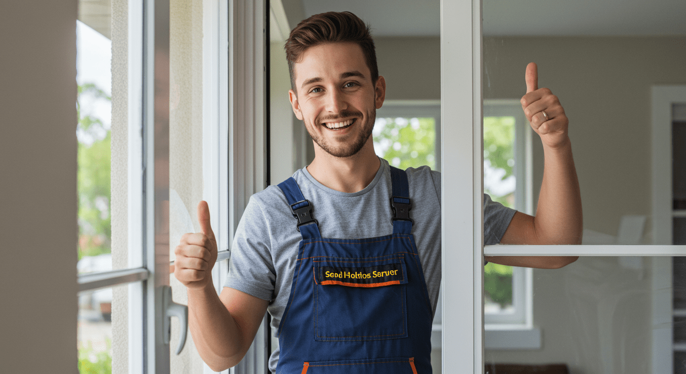 A happy customer stands next to a freshly repaired window, smiling and giving a thumbs-up. The background shows a bright, inviting home environment, emphasizing satisfaction and quality service.