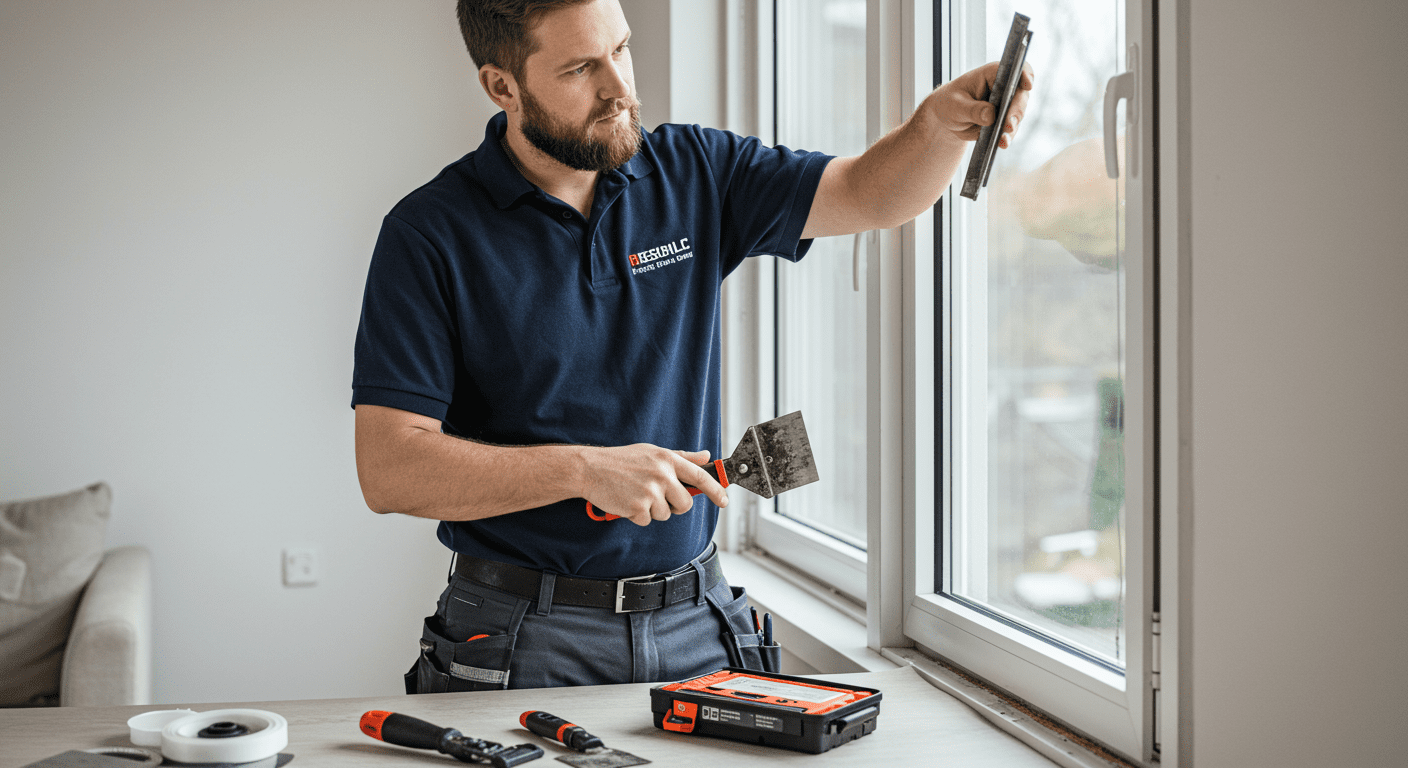 A professional window repair technician working on a residential window, showcasing tools and materials used in the repair process.